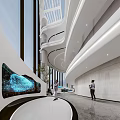 Modern Exhibition Hall Interior With Circular Atrium Multi Level Design And Colorful Seating