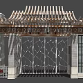Traditional Entrance Gate Design Featuring Wooden Striped Roof Gray Brick Walls And Glass Door
