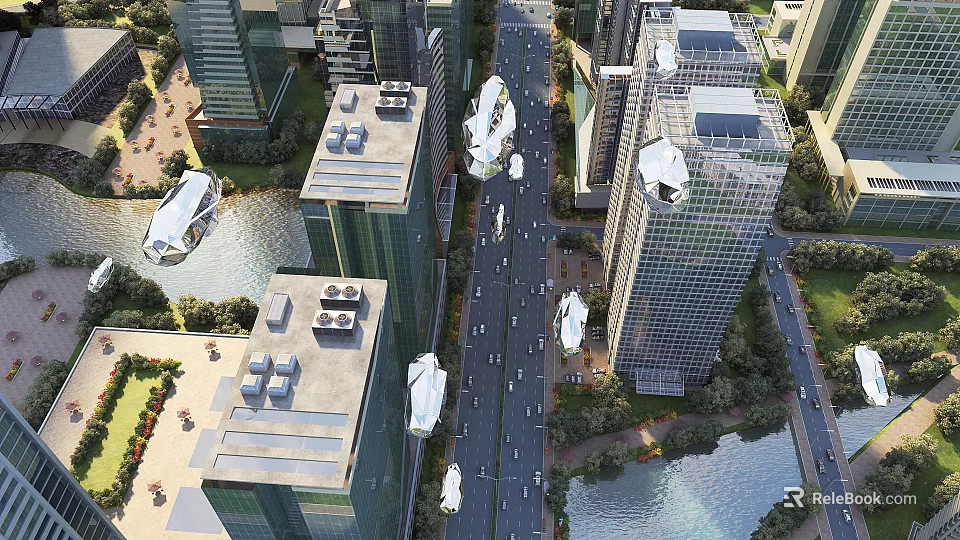 Birds Eye View Urban Planning With Tall Buildings Roads River And Green Areas 3d model 