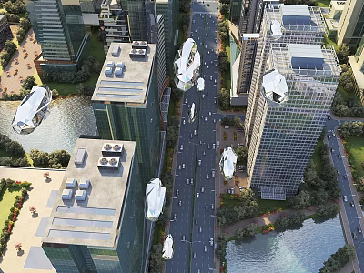 Birds Eye View Urban Planning With Tall Buildings Roads River And Green Areas 3d model