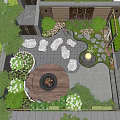 Courtyard Garden Design With Fire Pit Stone Path Lush Plants And Decorative Lights