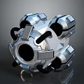 Silver Metallic Mechanical Sphere With Multiple Components Circular Opening And Black Connectors 3d model