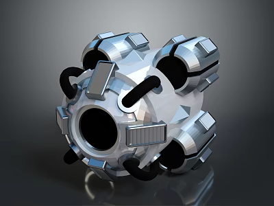 Silver Metallic Mechanical Sphere With Multiple Components Circular Opening And Black Connectors 3d model
