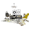 Stylish Living Room Interior Featuring Sofa Coffee Table Set Wall Art Chandelier And Accent Chair