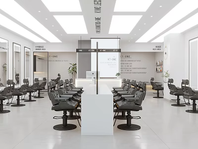 Modern Beauty Salon Interior Design With Multiple Salon Chairs White Reception Desk And Mirrored Walls 3d model