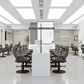 Modern Beauty Salon Interior Design With Multiple Salon Chairs White Reception Desk And Mirrored Walls