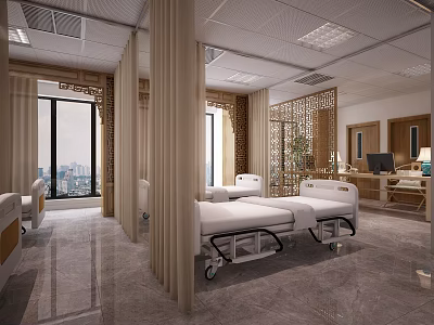 Modern Hospital Outpatient Ward With Clean Bright Space Hospital Beds Windows Curtains And City View 3d model