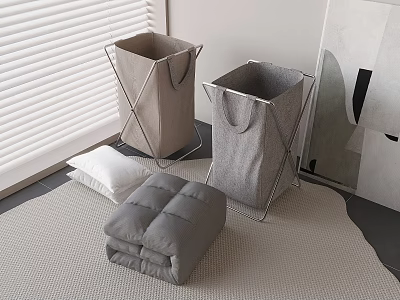 Modern Household Living Essentials With Fabric Storage Baskets Metal Frames Pillow Folded Quilt And Rug 3d model