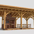 Rustic Wooden Gazebo With Brick Chimney Wooden Beams And Outdoor Dining Table And Chairs