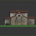 Historic Architectural Model With Red Tiled Roofs Stone Walls And Cross Tower