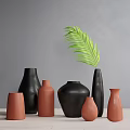 Multiple Black And Terracotta Vases With Green Palm Leaf On Gray Wall Background 3d model