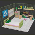 Modern Simple Bedroom Interior With Bed Desk Bookshelf Chair Lamp Blue Poster And Marble Floor