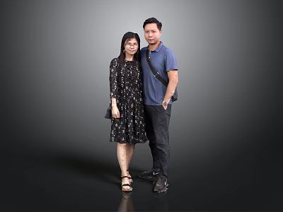 Man In Blue Shirt And Woman In Floral Dress Standing In Gray Background 3d model