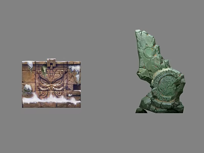 Ancient Mystical Stone Structures Featuring Carved Mask Design Snow And Green Pillar With Intricate Patterns 3d model