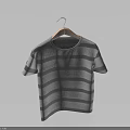 Blue and Gray Striped Short Sleeved T shirt on Wooden Hanger Against Gray Background