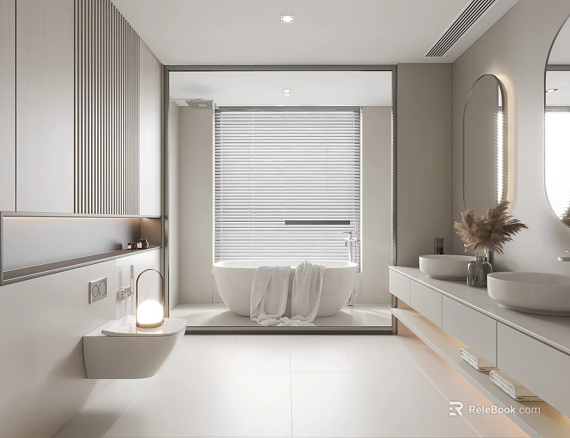 Minimalist Light Gray Bathroom With Bathtub Towel Double Sinks And Window Blinds 3d model 