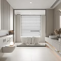 Minimalist Light Gray Bathroom With Bathtub Towel Double Sinks And Window Blinds 3d model