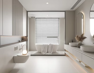 Minimalist Light Gray Bathroom With Bathtub Towel Double Sinks And Window Blinds 3d model