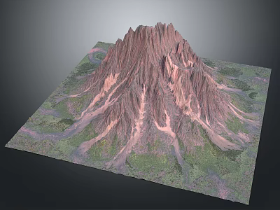 3D Rendered Mountain Landscape With Red Rocky Peaks And Green Vegetation 3d model