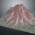 3D Rendered Mountain Landscape With Red Rocky Peaks And Green Vegetation
