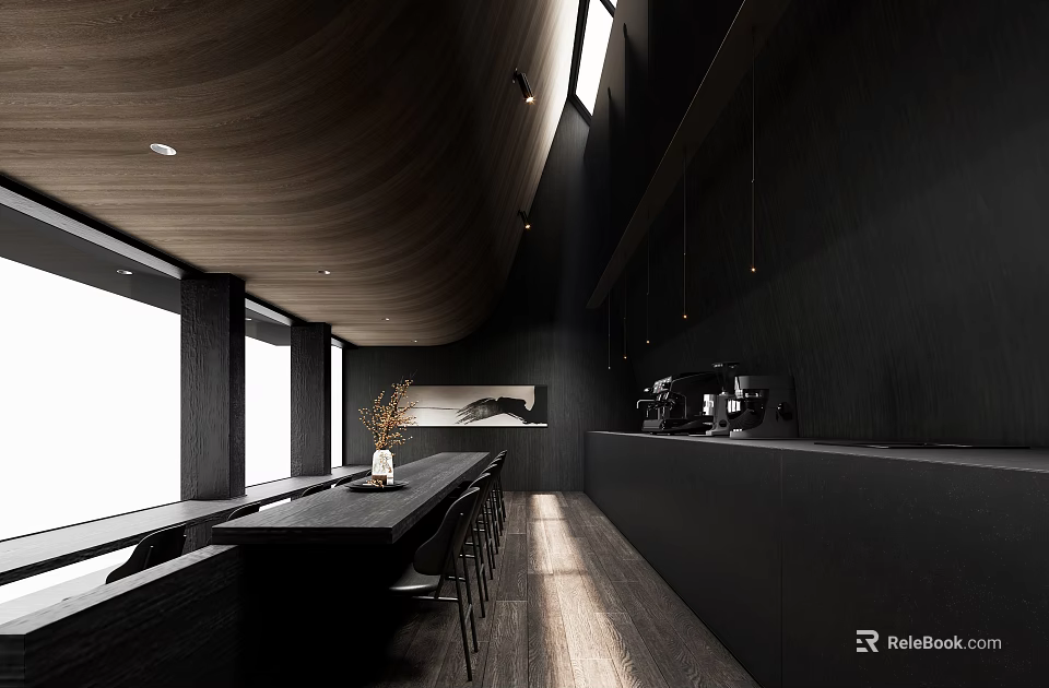 Modern Coffee Shop Interior With Black Bar Counter And High Stool Seating Design 3d model 