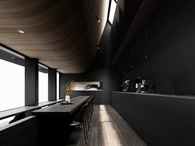 Modern Coffee Shop Interior With Black Bar Counter And High Stool Seating Design 3d model