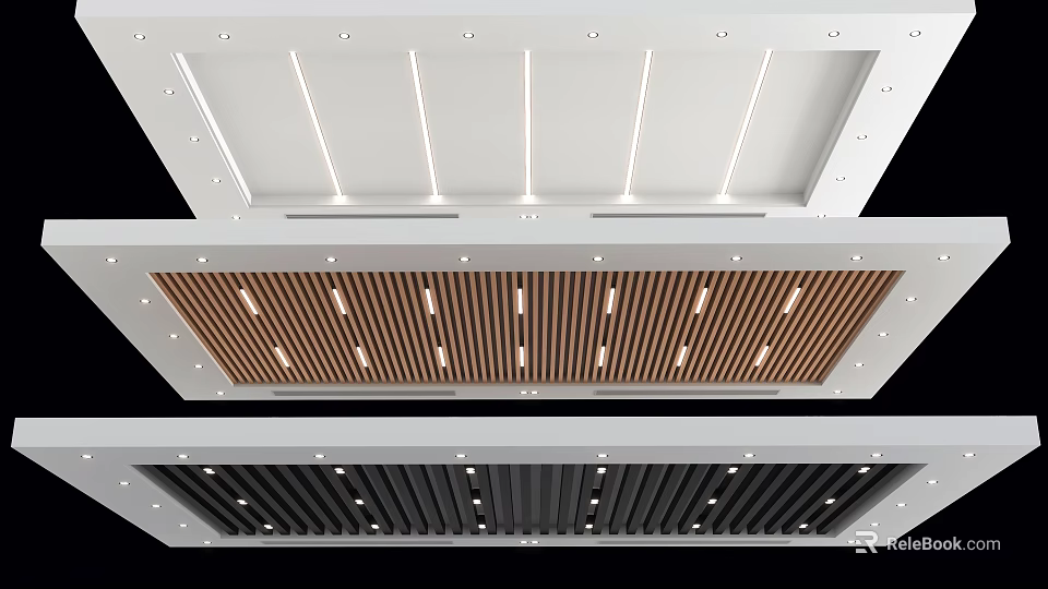Modern Ceiling Design With White Panels Wooden Slats Black Strips And LED Lights 3d model 