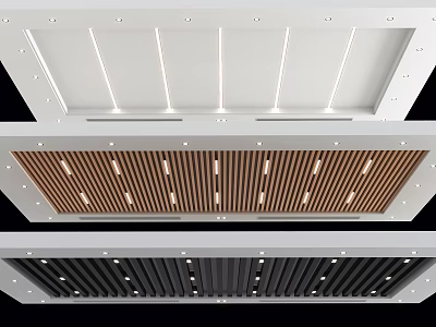 Modern Ceiling Design With White Panels Wooden Slats Black Strips And LED Lights 3d model