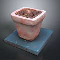 Square Terracotta Planter With Soil And Small Sprout On Blue Square Base 3d model