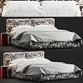 Double Bed with Black White Patterned Headboard White Sheets and Red Round Nightstands 3d model