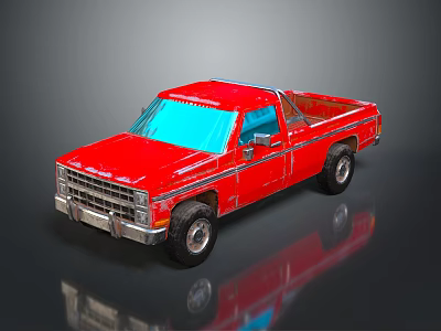 Red Classic Pickup Truck With Blue Windows Shiny Exterior And Dark Background Reflection 3d model