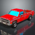Red Classic Pickup Truck With Blue Windows Shiny Exterior And Dark Background Reflection