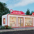 Party Building Service Station With Red Exterior White Structure Windows And Signage