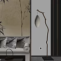 Cozy Living Room Interior With Sofa Pillows Bamboo Pattern And Curved Floor Lamp