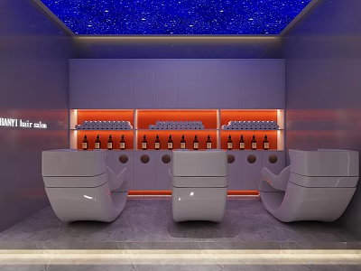 Modern Hair Salon With Starry Ceiling Purple Walls Orange Lighting Barber Chairs And Product Shelves 3d model