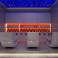 Modern Hair Salon With Starry Ceiling Purple Walls Orange Lighting Barber Chairs And Product Shelves