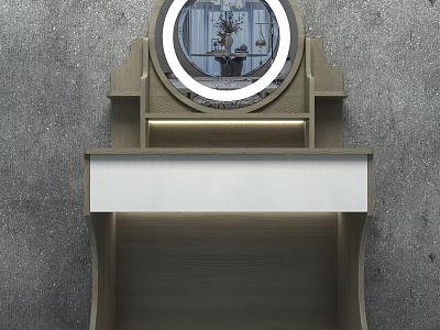 Wooden Dressing Table With Round Mirror White Countertop And Open Shelf 3d model