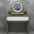 Wooden Dressing Table With Round Mirror White Countertop And Open Shelf