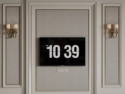 Classic TV Wall Design With Upholstered Fabric Wooden Frame Symmetric Brass Sconces And Mounted TV 3d model