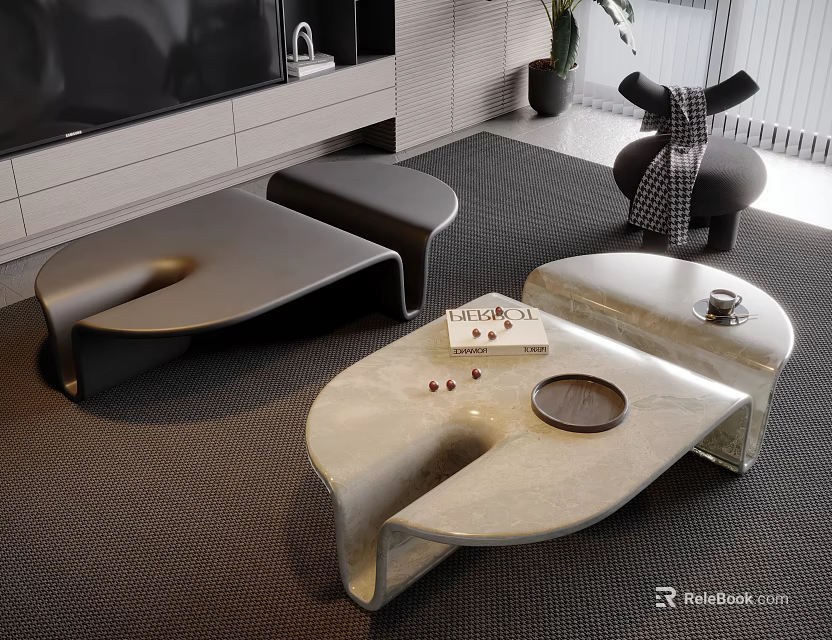 Modern Coffee Tables With Marble Top And Black Curved Design On Grey Rug With Armchair 3d model 