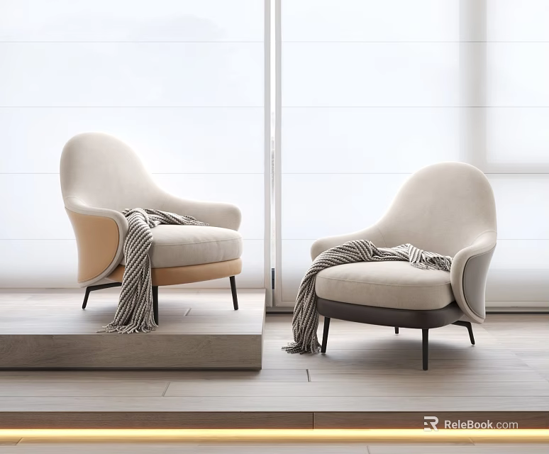 Minimalist Light Beige And Gray Armchairs With Striped Throw Blankets On Wooden Floor 3d model 