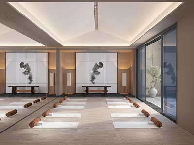 Tranquil Yoga Fitness Studio With Wooden Floors Yoga Mats And Floor to Ceiling Windows 3d model