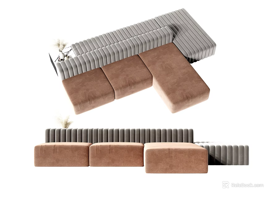 Modern Modular Sectional Sofa With Gray Backrest And Brown Velvet Seats 3d model