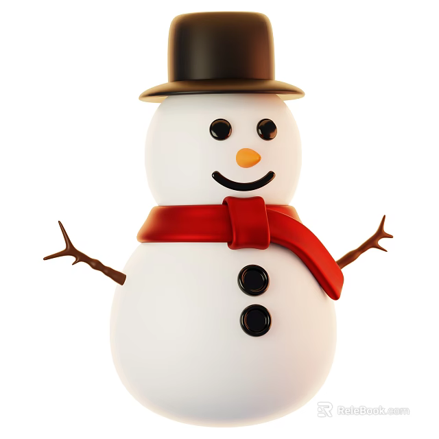 Snowman Decorative Ornament Set with Black Hat Red Scarf Branch Arms and Smiling Face 3d model 