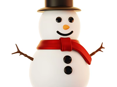 Snowman Decorative Ornament Set with Black Hat Red Scarf Branch Arms and Smiling Face 3d model