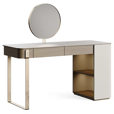 Modern Dressing Table with Round Mirror Wooden Top Drawers and Open Shelves 3d model