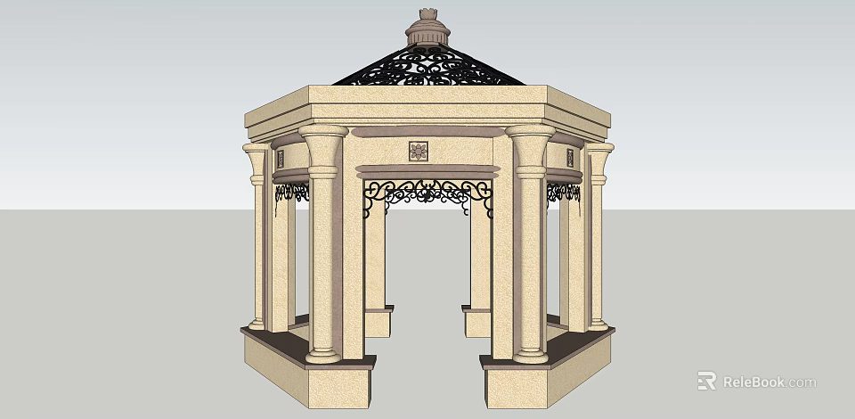 Classic Octagonal Gazebo With Stone Columns And Ornate Iron Carvings Black Roof And Decorative Finial 3d model 