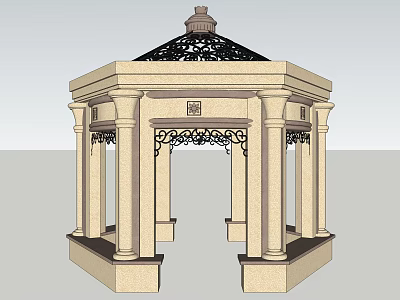 Classic Octagonal Gazebo With Stone Columns And Ornate Iron Carvings Black Roof And Decorative Finial 3d model