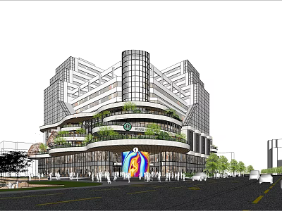Modern Multi Level Commercial Street with Glass Facade Lush Greenery Pedestrians Road and Cars 3d model