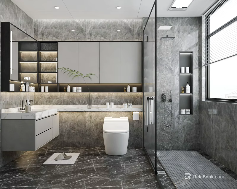 Modern Bathroom Interior With Marble Walls Vanity Toilet Shower And Cabinets 3d model 